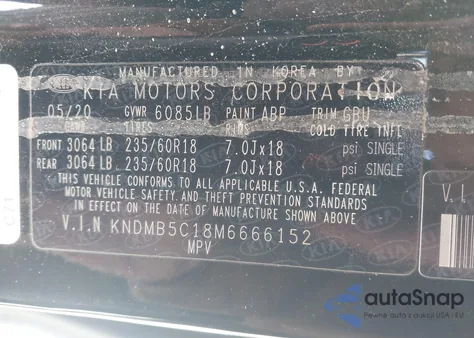 2021 Kia Sedona Ex z USA, uszkodzony, nr VIN KNDMB5C18M6666152